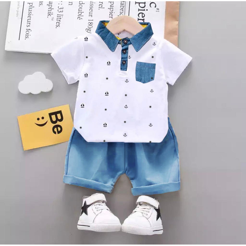 (BAYAR DITEMPAT) SETELAN KEMEJA KANTONG ANAK MOTIF JANGKAR DENIM - FASHION BAJU ANAK TERBARU UNTUK ANAK LAKILAKI DAN ANAK PEREMPUAN USIA 6-10BLN 1-5THN - BAJU ANAK DENGAN GAMBAR BAJAK LAUT DAN BERKERAH DIBAJUNYA / BAHAN BAJU COMBED CELANA DENIM PENDEK