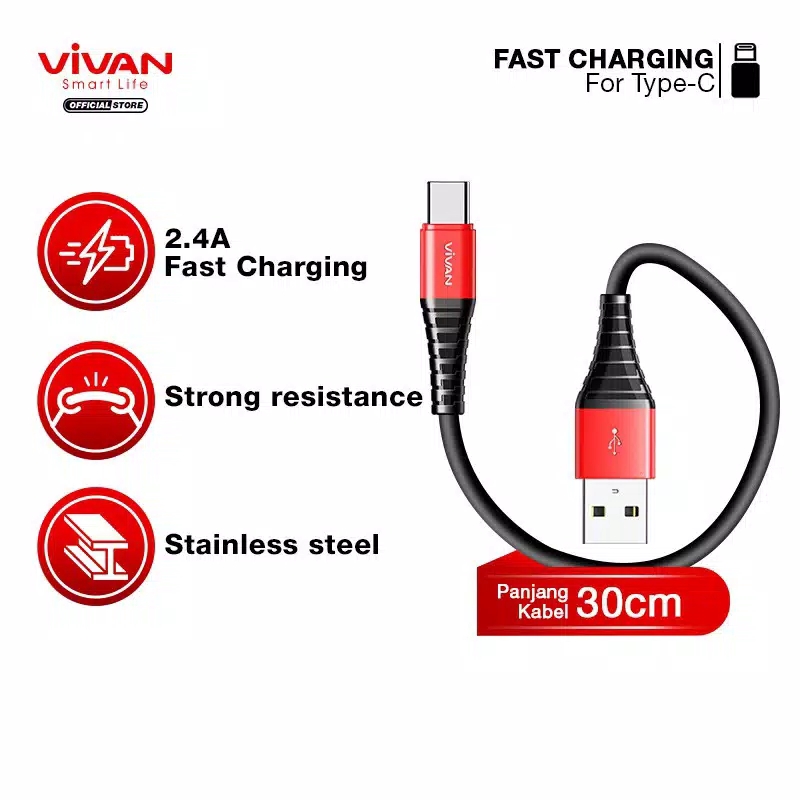 Kabel Type C VIVAN  SC30/SC30s POUCHFast Charging Kabel Data VIVAN 30CM 2.4A