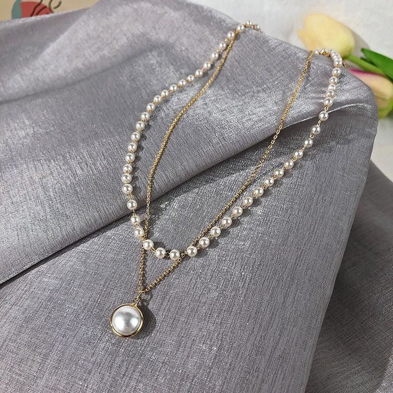 Kalung Gelang Rantai Klavikula Lapisan Ganda Aksen Mutiara Imitasi Gaya Korea Untuk Wanita