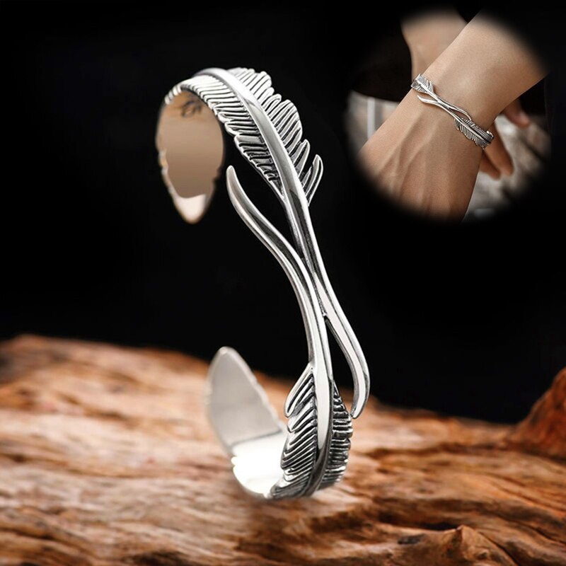 Gelang Bangle Open Adjustable Bentuk Bulu Warna Silver Tibet Klasik Untuk Pria / Wanita