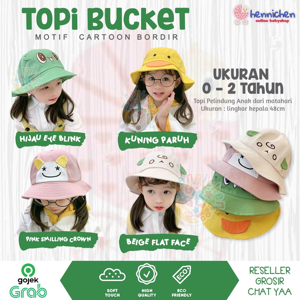 IMPORT TOPI BUCKET BAYI BUCKET CARTOON BORDIR MOTIF LUCU TOPI ANAK IMPORT 0 - 2 TAHUN CNA