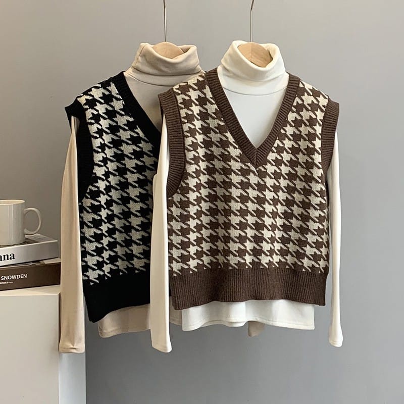 JENNIE VEST KNIT / Houndstooth vest knit / Rompi rajut wanita korean style / Outer wanita Kekinian H