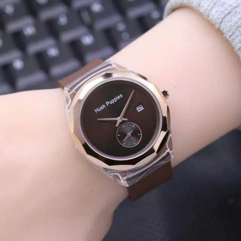 JAM TANGAN WANITA HUSH PUPPIES DETIK BAWAH TALI BAHAN KARET BULAT HP 1988