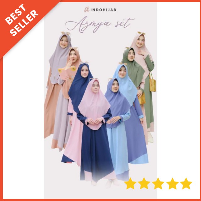 BAJU GAMIS WANITA MUSLIM SET HIJAB SYARI TERBARU KEKINIAN MOTIF POLOS AZMYA by INDOHIJAB IDB MOSLEM 