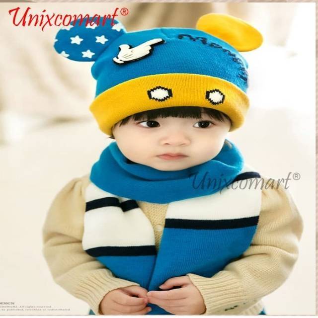 Topi Kupluk Anak Bayi Mickey Bahan Rajut Topi dan Syal