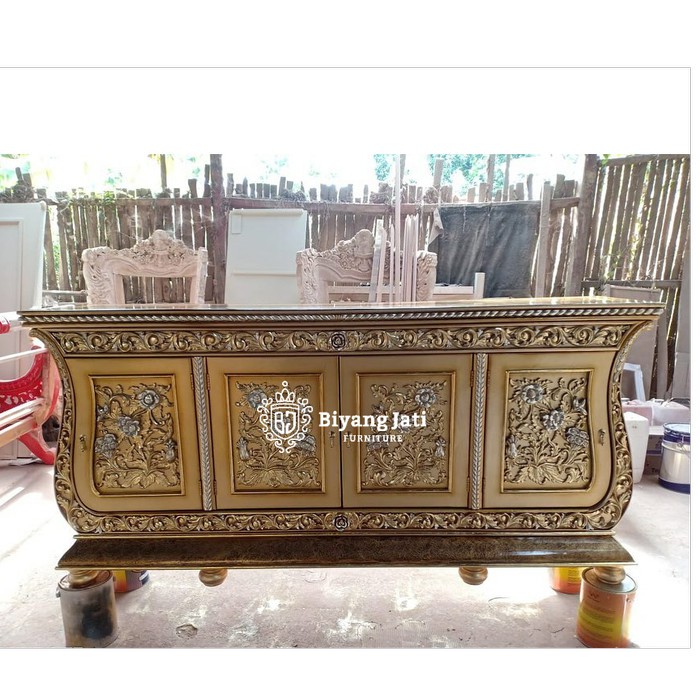 Bufet tv kayu jati bufet tv mewah ukiran jepara bufet tv material kayu jati berkualitas warna emas
