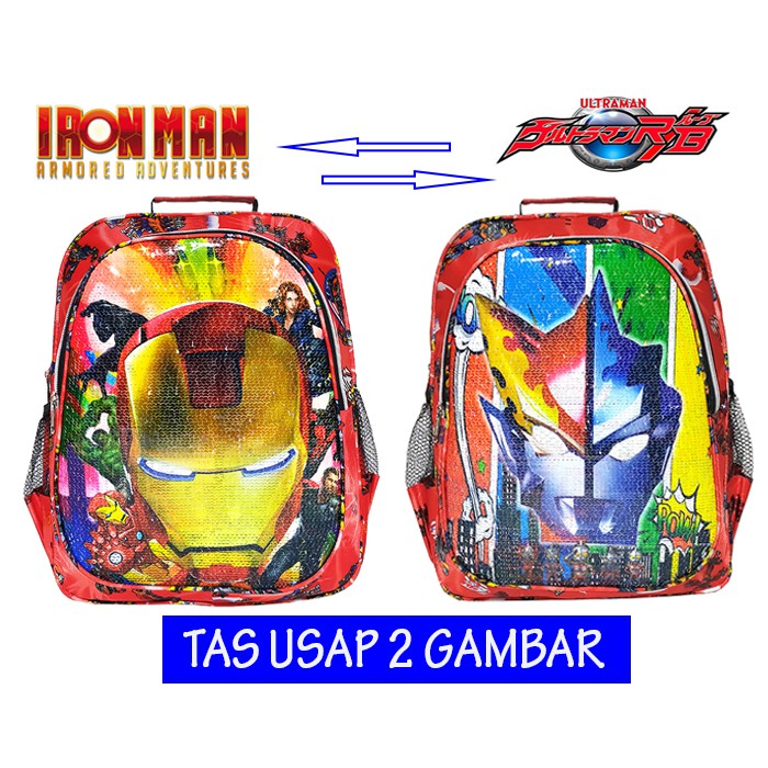 Tas ransel usap 2 gambar karakter spiderman Ultraman Ironman Tobot captain America Transformers