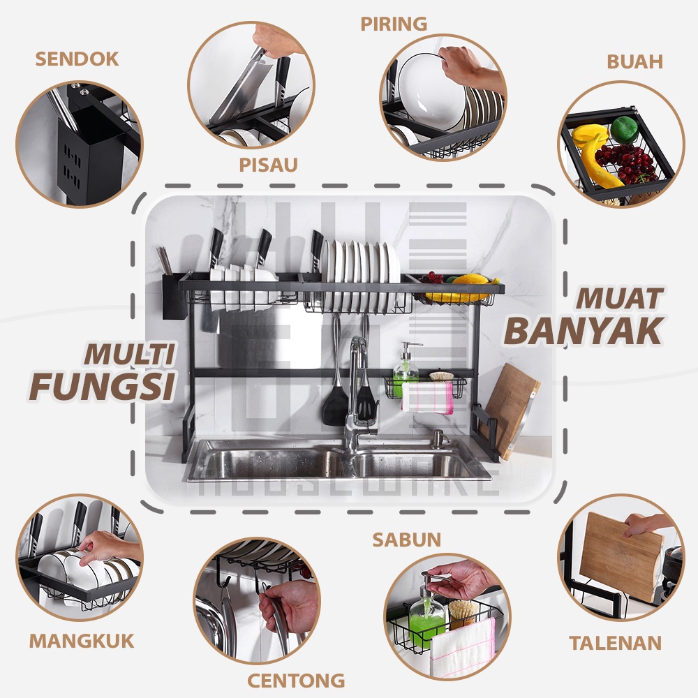 HUGO Rak Wastafel Stainless Hitam Rak Dapur Piring Rak Pengering Piring Dish Dryer