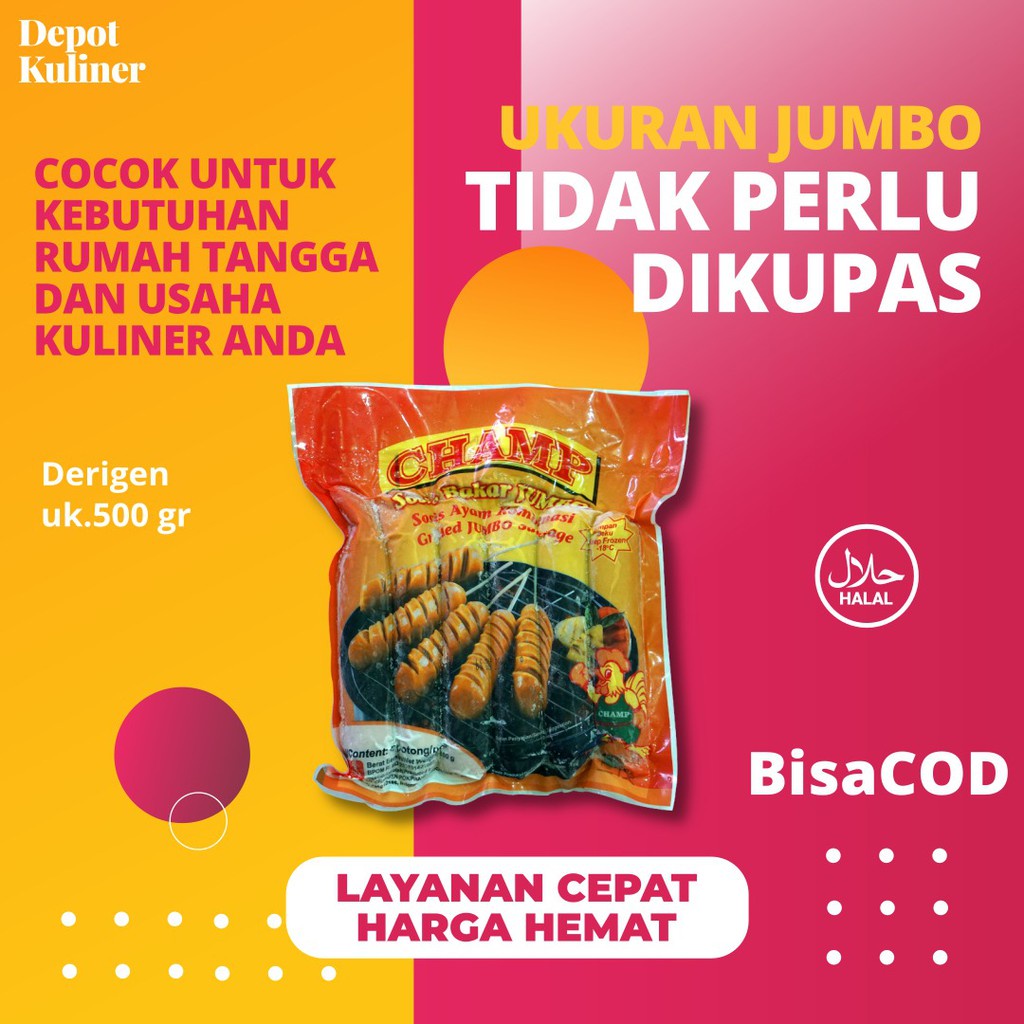 Champ Sosis Bakar Jumbo 500gr (6pcs) Sosis Ayam Chicken Sausage