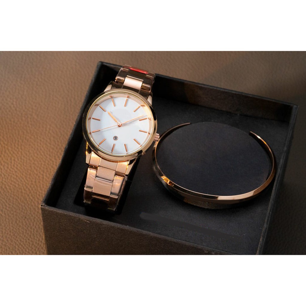 Include Box, Paper Bag // Jam Tangan Wanita Strap Rantai Type 7128HW Free Gelang dan Batrai