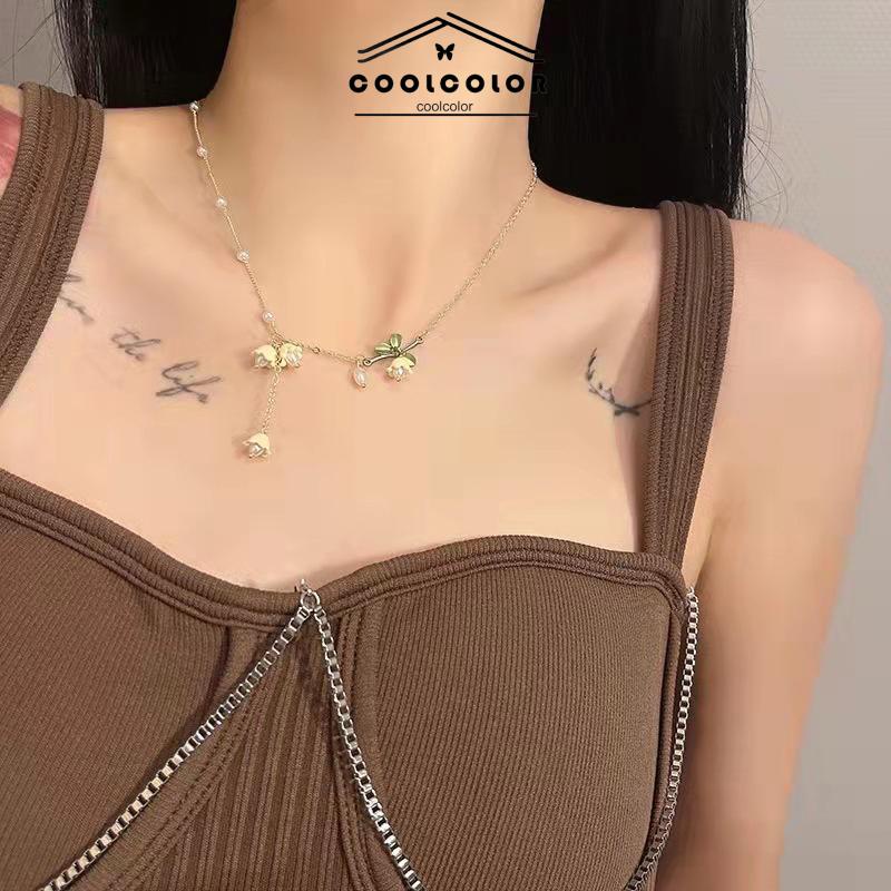 COD❤️Kalung Wanita Lily of the Valley Flower Pearl Spring Desain Unik Anting Pejantan Elegan Yang Indah untuk Anak Perempuan Aksesoris Fashion Perhiasan Fashion Simple Murah