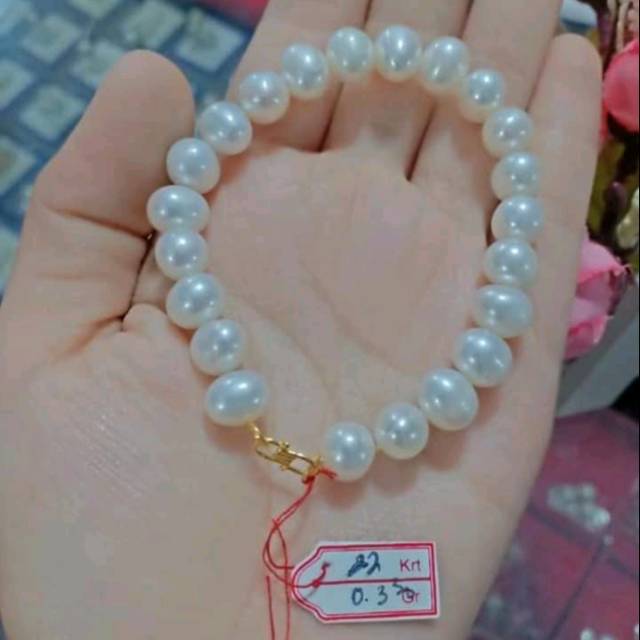 Gelang mutiara air tawar lombok asli pengait rodhium lapis emas