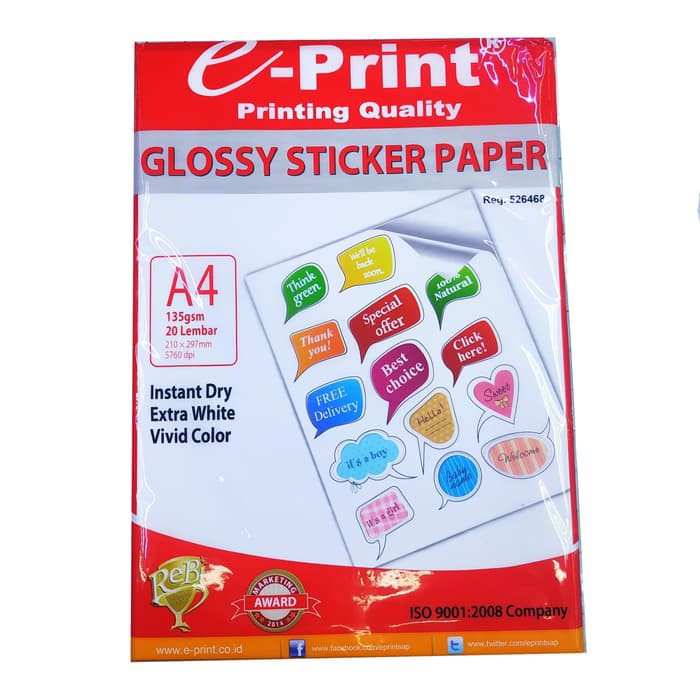 Glossy Sticker Paper e-Print A4 135gsm isi 20 lembar Kertas Print