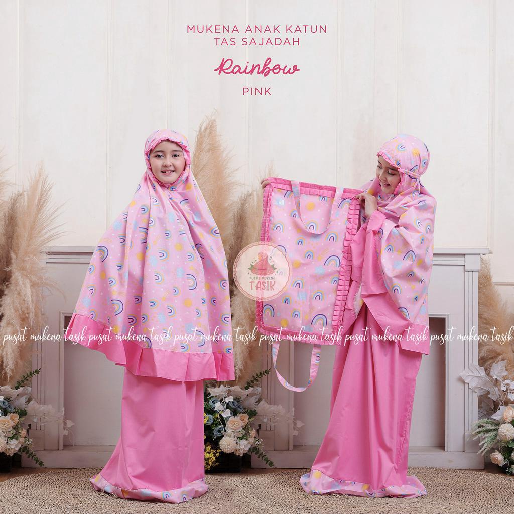 PUSAT MUKENA TASIK - MUKENA ANAK KATUN MOTIF RAINBOW PINK (TAS BULAT &amp; TAS SAJADAH)