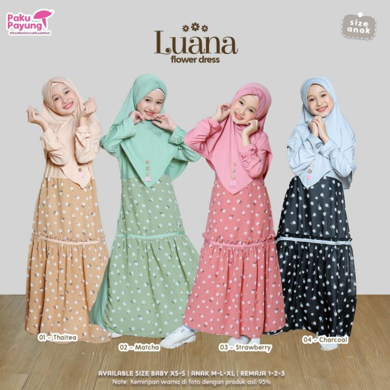 Gamis Luana Flower Dress Series By Paku Payung PPC Terbaru Set Gamis Jilbab Size Baby Anak dan Remaj