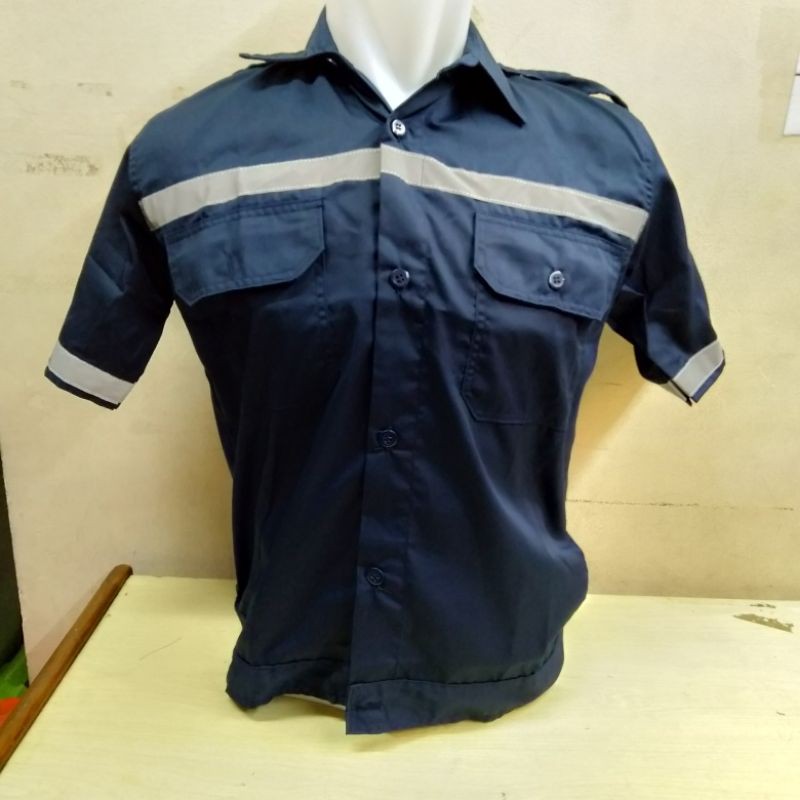 BAJU SAFETY PROYEK DONGKER NAVY ATASAN LENGAN PENDEK KEMEJA PRIA DRILL BERKUALITAS