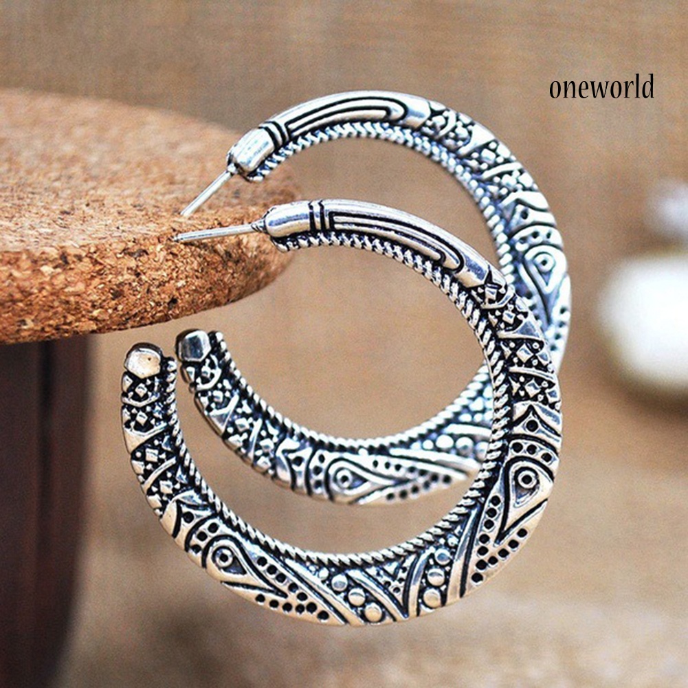 OW# Vintage Women Silver Plated Carved Circle Dangle Ear Stud Earrings Jewelry Gift