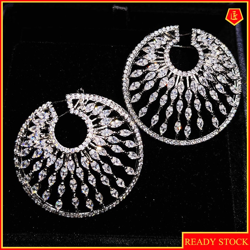 [Ready Stock] Luxury Silver round Large Earrings Micro-Inlaid Full Diamond