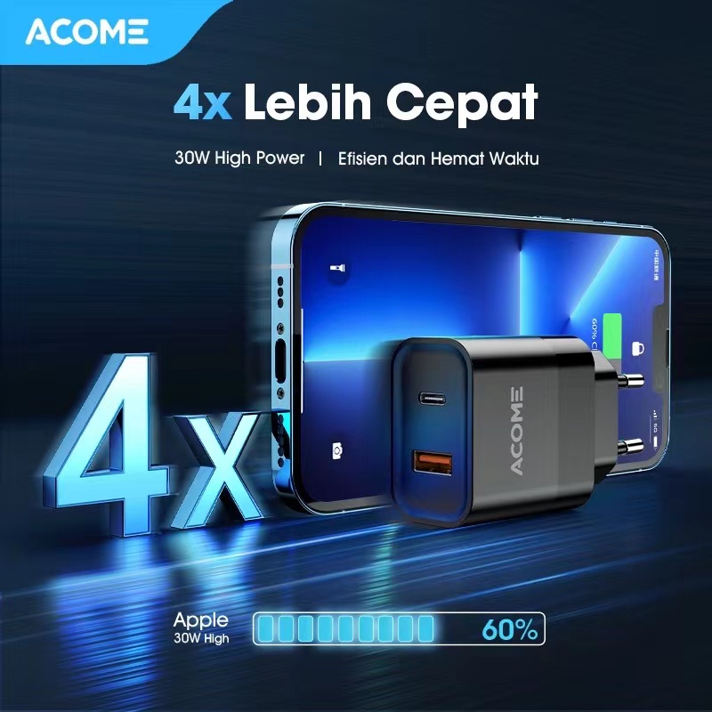 ACOME Charger GaN 30W Fast Charging PD/QC 3.0 Dual Port Support Laptop/iPad Garansi Resmi 1 Thn ACG30 PRO