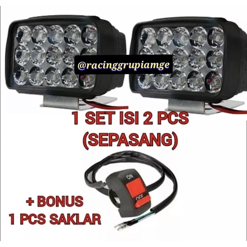 PAKET 2 pcs Lampu Tembak Sorot 15 Mata LED 12 VOLT 15 WATT 1 pasang 15 mata FREE SAKLAR ON/OFF