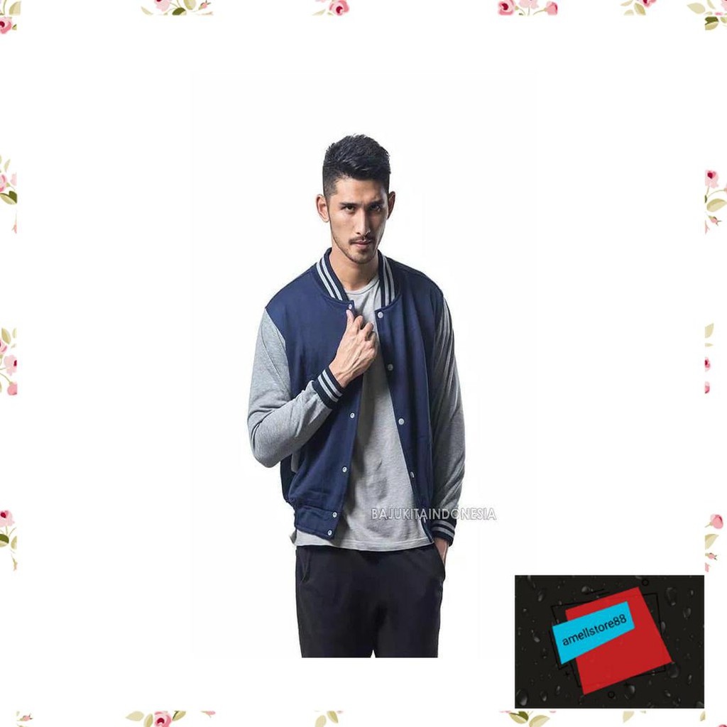 Jaket Pria parasut parka gunung POLOS BASEBALL VARSITY HITAM LIST ABU SWEATERWANITA KK373
