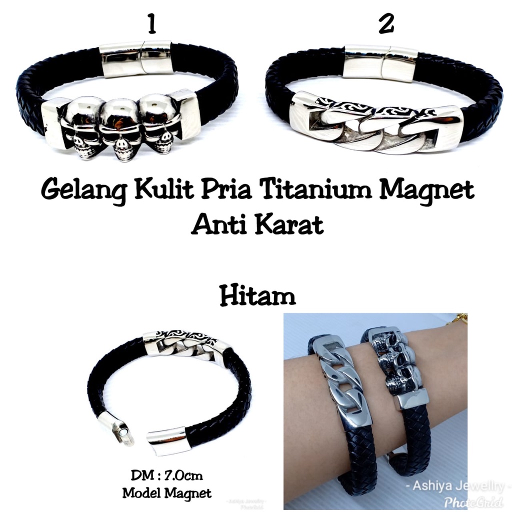 Gelang Kulit Pria Leather Stainless Gelang Cowok Cowo Branded Titanium Magnet Anti Karat GL518