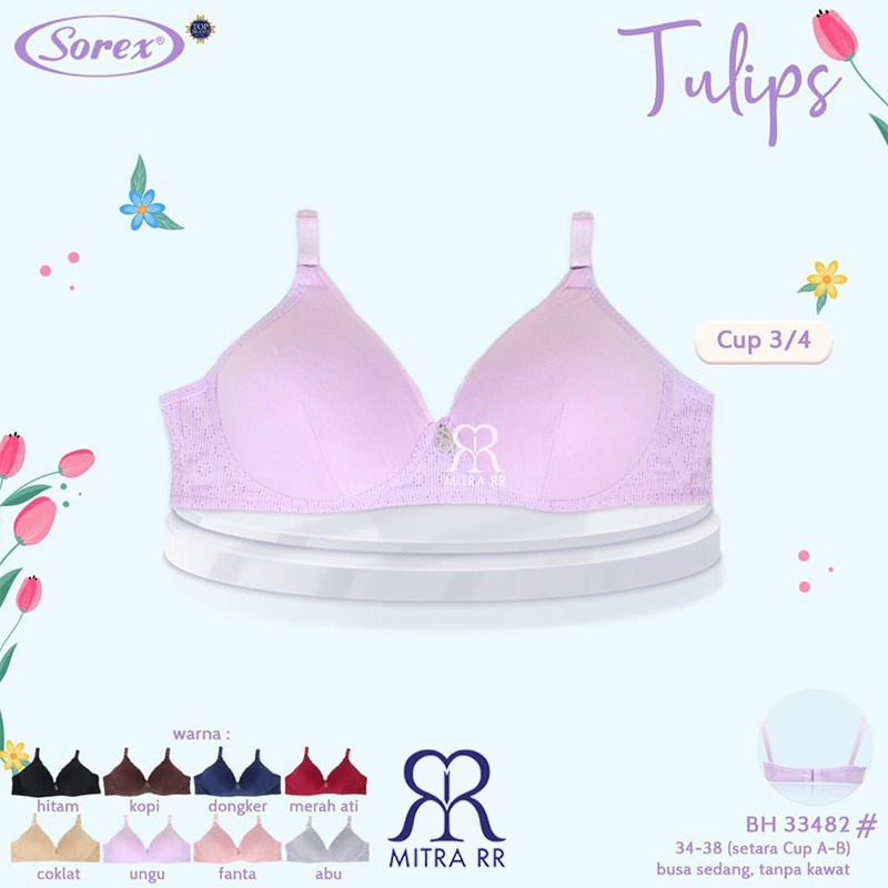 BH Sorex 33482 Bra Busa Tanpa Kawat Kait 2 Setara Cup A-B Tulips Polos Pastel Soft Color