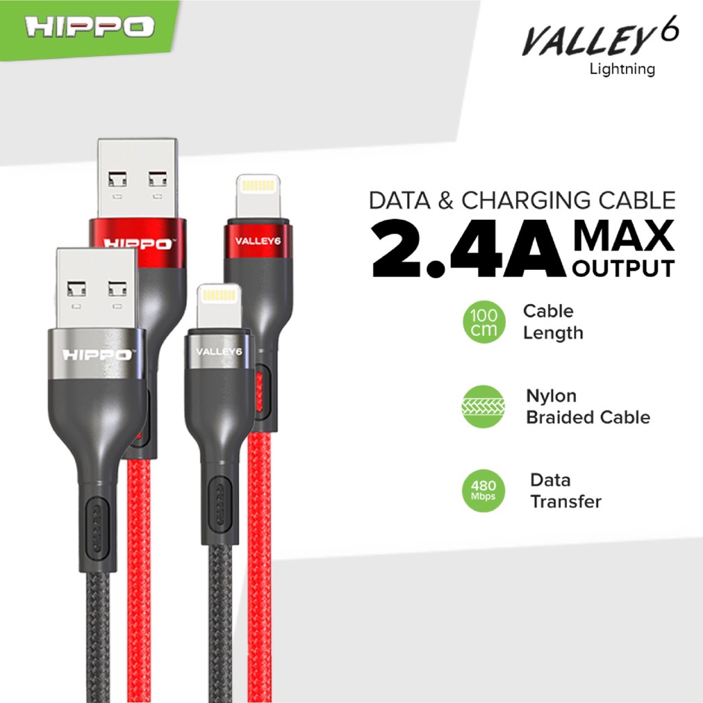 Hippo Kabel Data Valley 6 Braided USB to Lightning 2.4A Quick Charge 3.0 A Fast Charging iPhone Data Cable