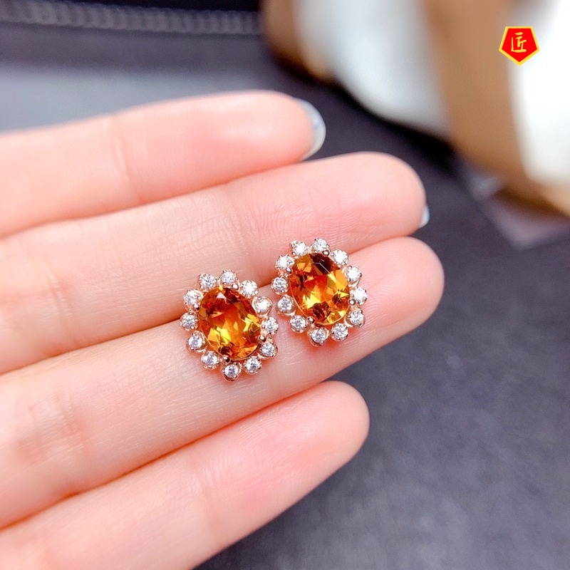 [Ready Stock]Natural Citrine Necklace Set Rings Stud Earrings