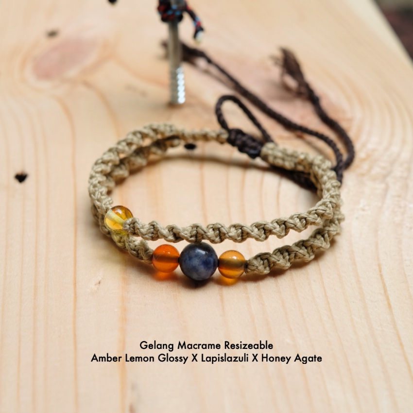 Gelang Dewasa Amber Baltic Lemon Glossy X Lapislazuli Resizeable