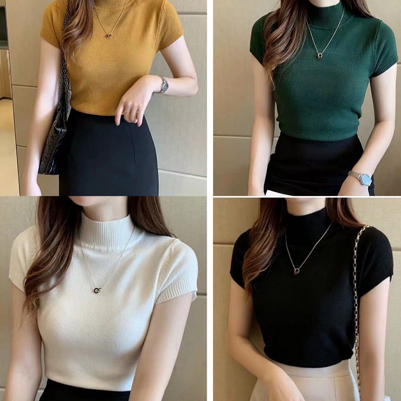 Baju Atasan Wanita Rajut Carenina RIB Turtleneck Lengan Pendek Viral Korea Kerah Leher Tinggi