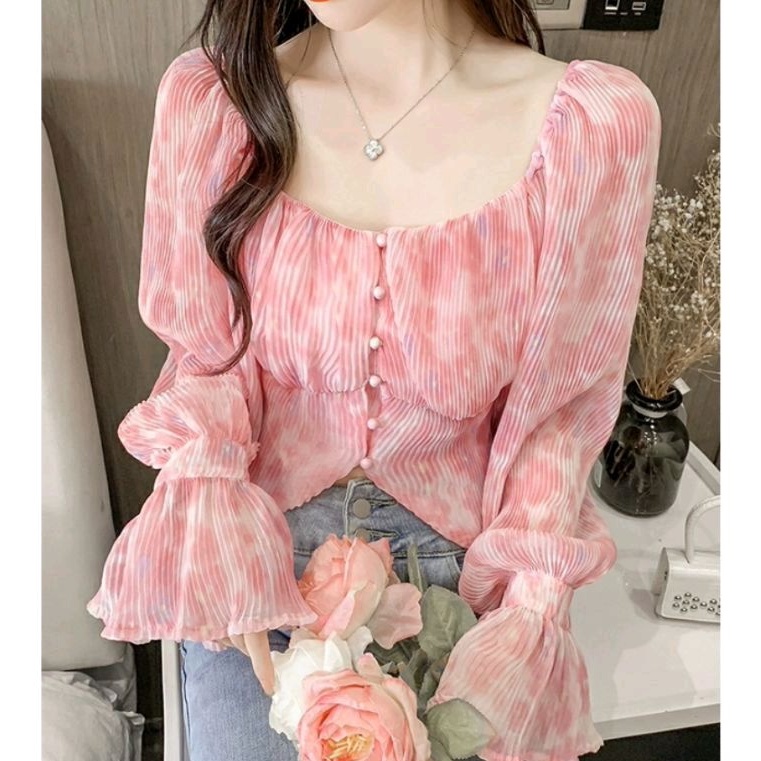 5980 Baju atasan blouse cropped crop krop top Korean style lengan panjang motif bunga floral hijau p