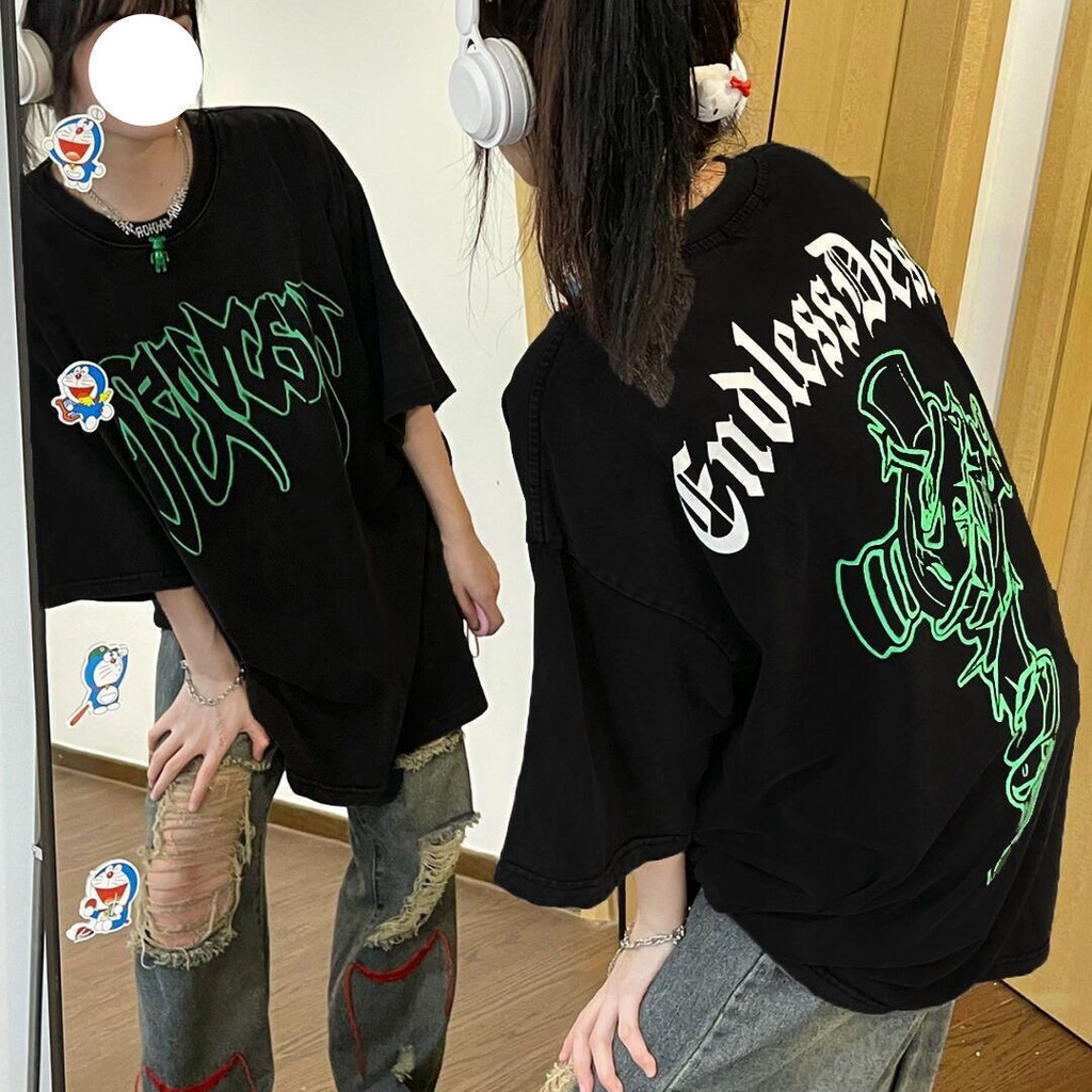 Suhao 100% Katun Hiphop Amerika Lengan Pendek T-shirt Wanita Longgar High Street In Trendi Desain Niche Cross Top