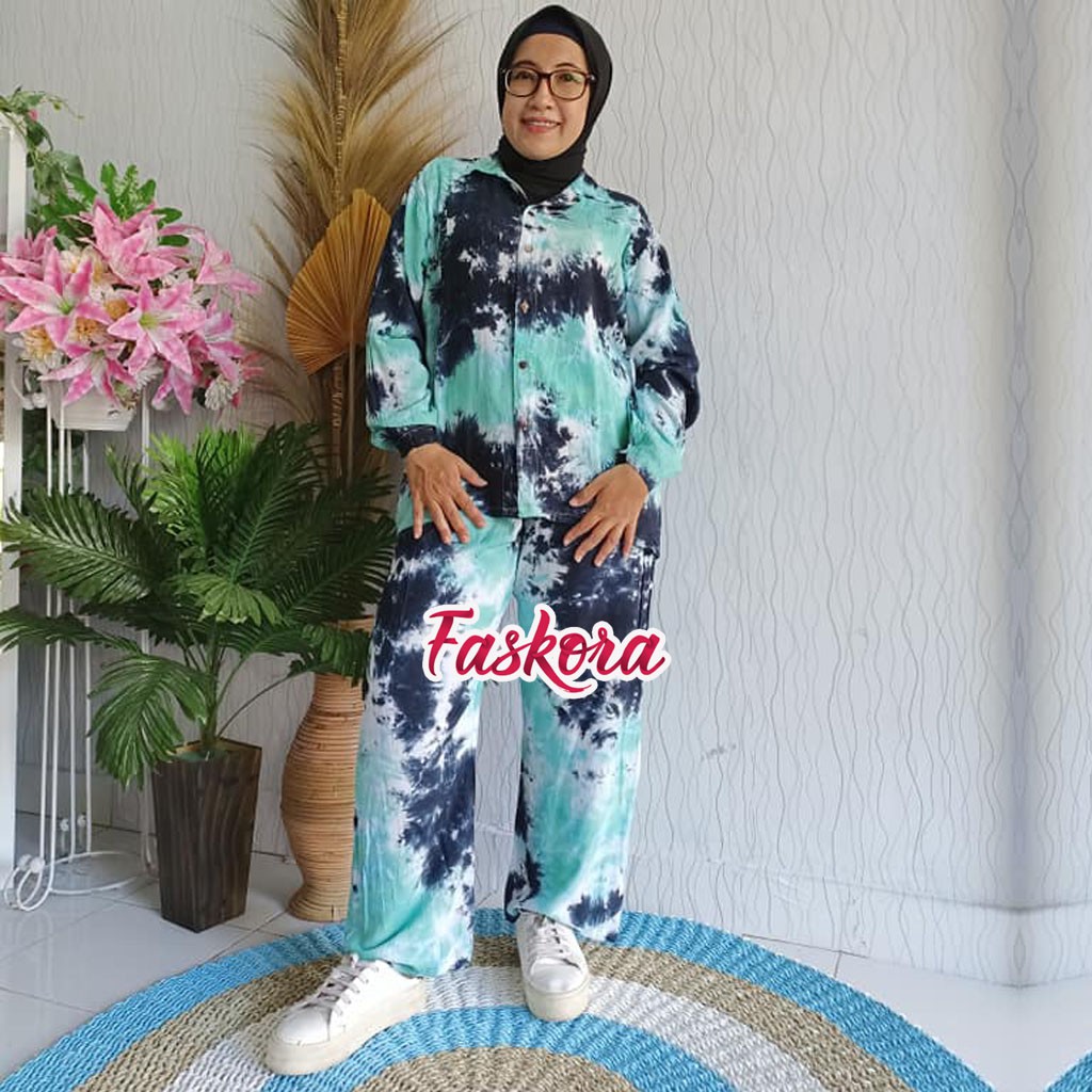 One Set Kemeja Tie dye Wanita Lengan Panjang / Piyama Rayon Jumbo Set Lengan Panjang