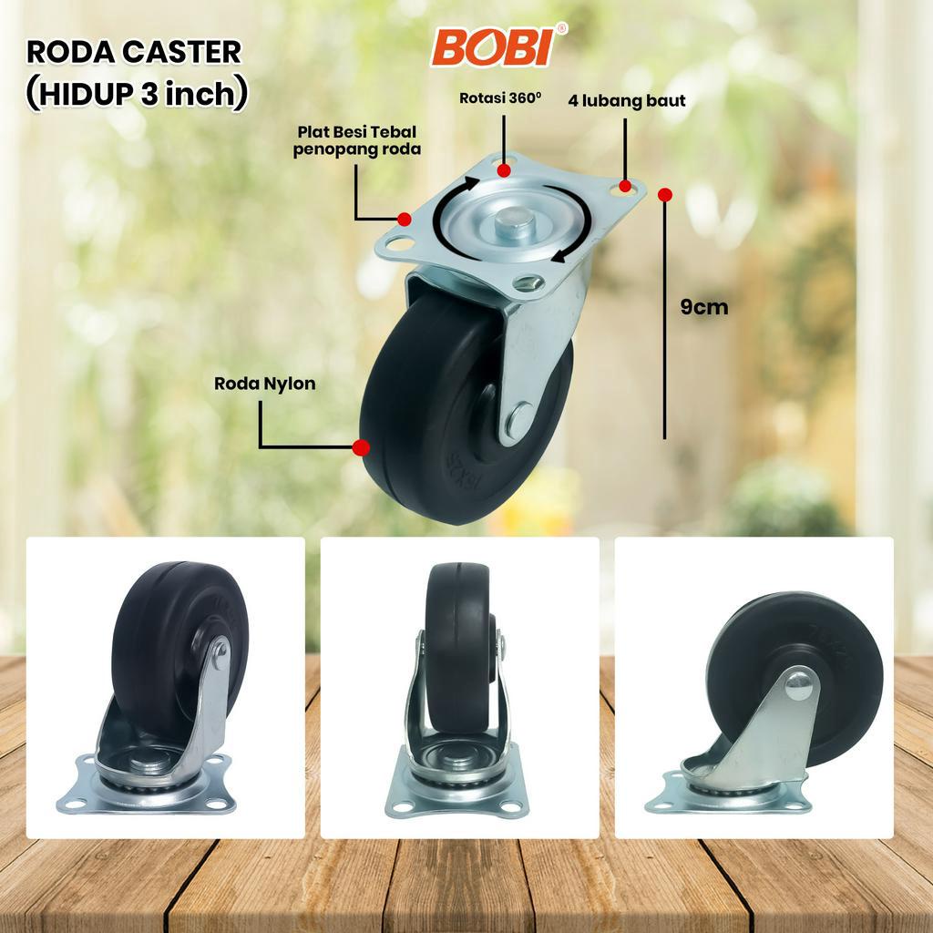 Roda Caster PVC NYLON // Roda Etalase Lemari 3 inch // Roda Serbaguna BOBI - Warna Random