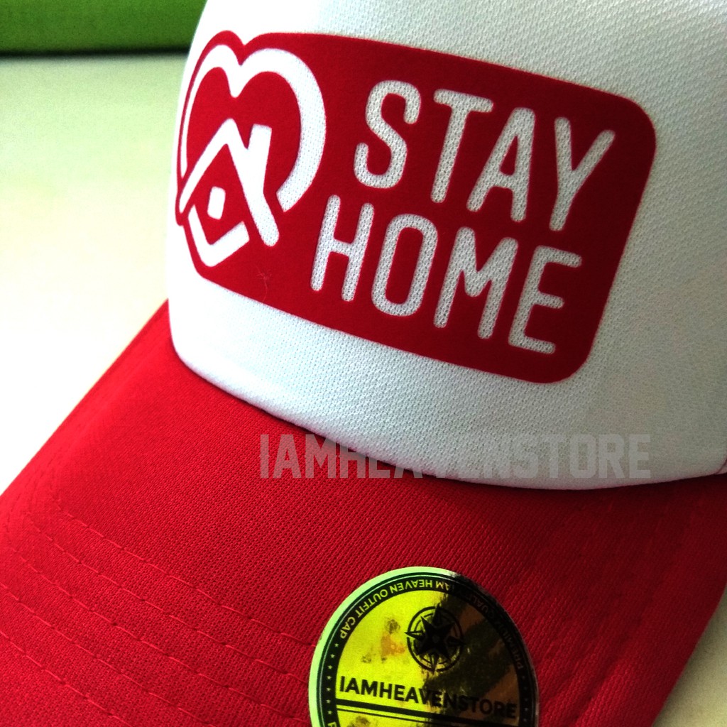 Topi Stay Home Dirumah Aja Trucker Jaring Merah Putih Pria Wanita