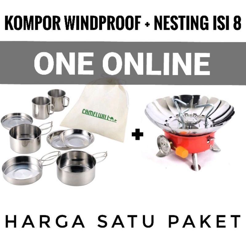 NESTING ISI 8 DAN KOMPOR WINDPROOF cooking set stainless dan kompor portable - cookingset stainless camelwill - alat masak portable