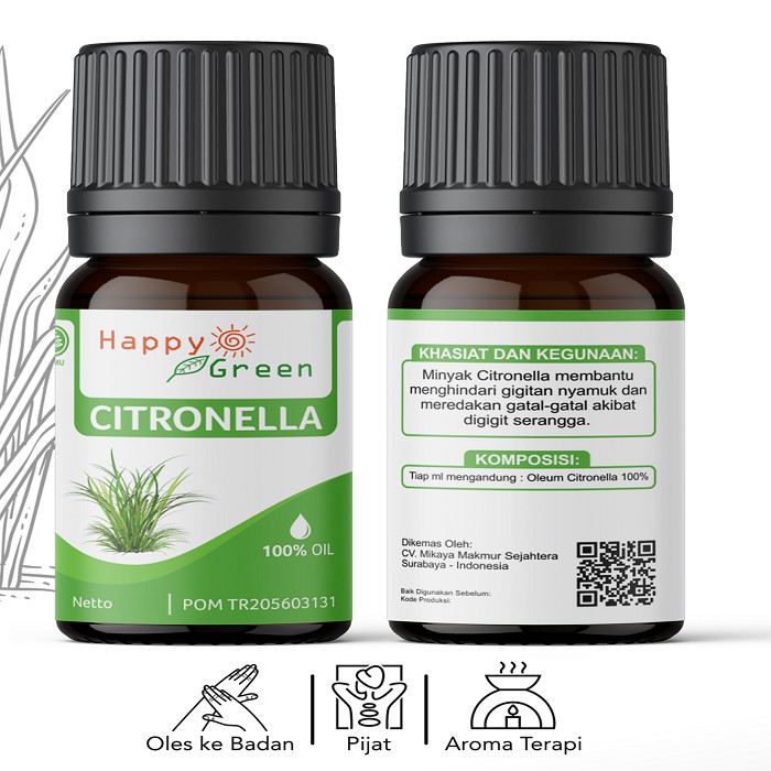 BPOM Happy Green Citronella Essential Oil - Atsiri Sereh Wangi 100% Pure Murni Garansi Uang Kembali