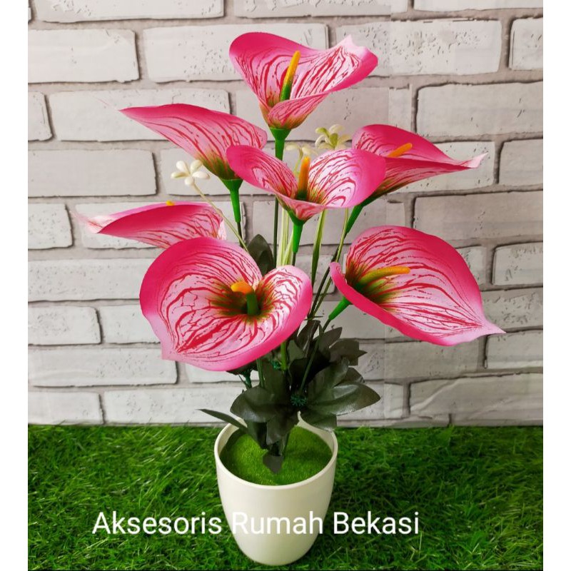 Set bunga plastik anthurium/bunga lilly/bunga Aron panda dengan pot lumut melamin bulat-3