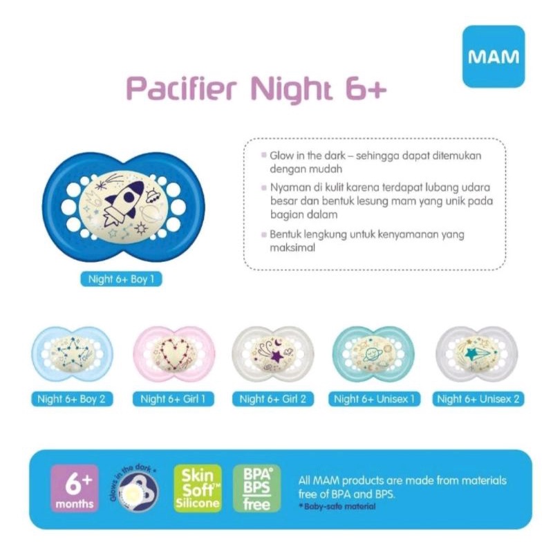 MAM Baby Pacifier Night 0+M &amp; 6+M Orthodontic Glow In The Dark/Empeng