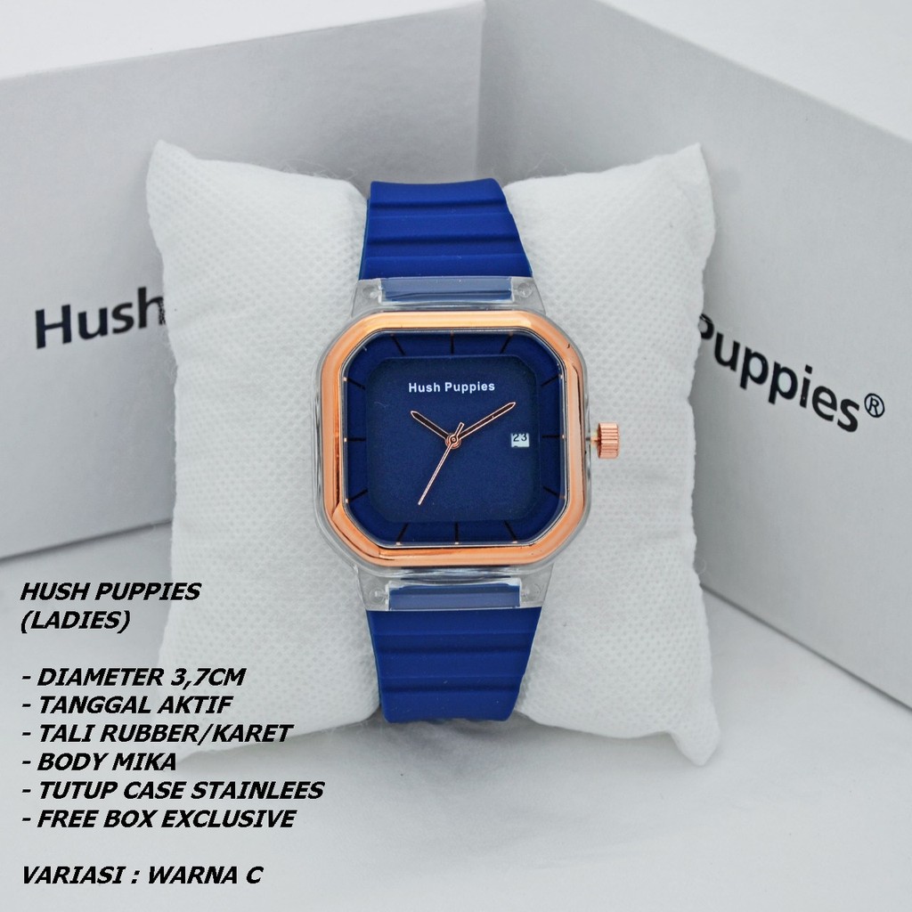 JAM TANGAN WANITA HUSH PUPPIES TALI RUBBER BODY SEGI TANGGAL AKTIF