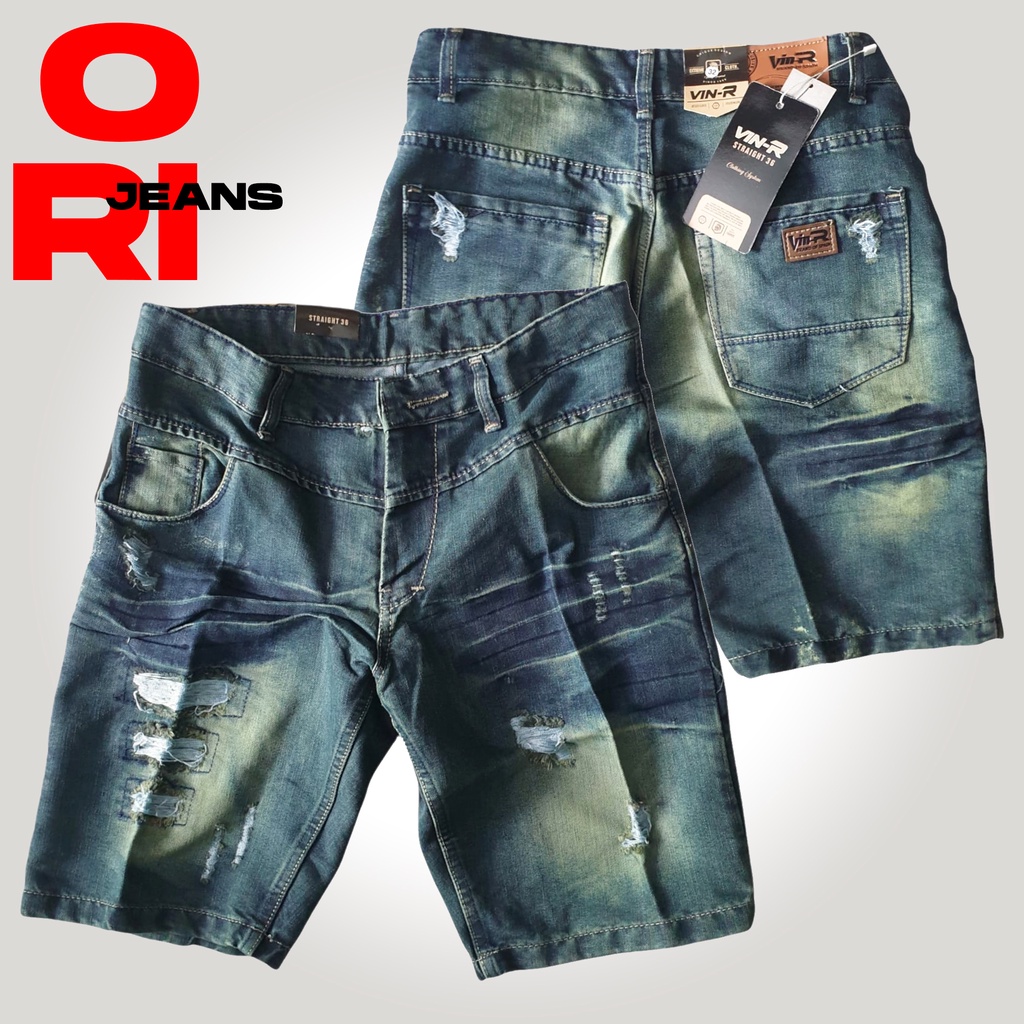 Jeans terbaru pria pendek wisker riped jeans non streach