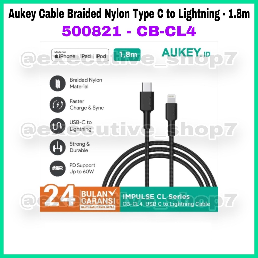 Aukey Cable Braided Nylon Type C to Lightning - 1.8m - SKU : 500821 - CB-CL4 - Garansi Resmi 2 Tahun