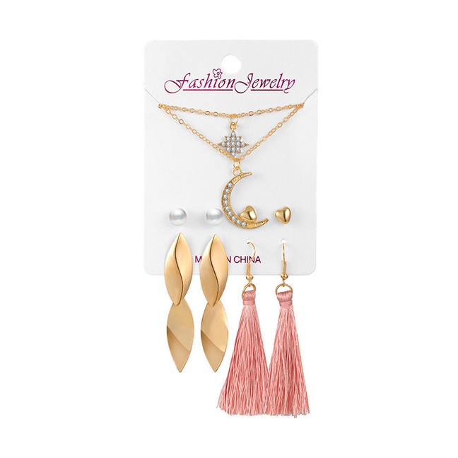 LRC Anting set &amp; Kalung Fashion Color Mixing Tassel Pearl Diamond Moon Star K55509