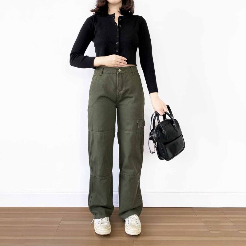 Cargo Highwaist Wanita Long Cargo Pants Army Size XS - XXXL(27-38) American drill