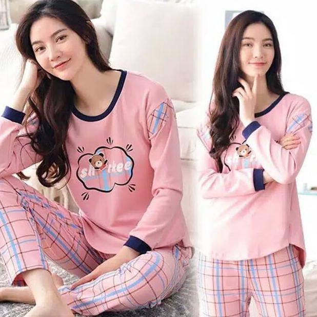 Best Seller # Setelan Wanita Baju Tidur Bahan Kaos Adem Piyama Lengan Panjang Pink