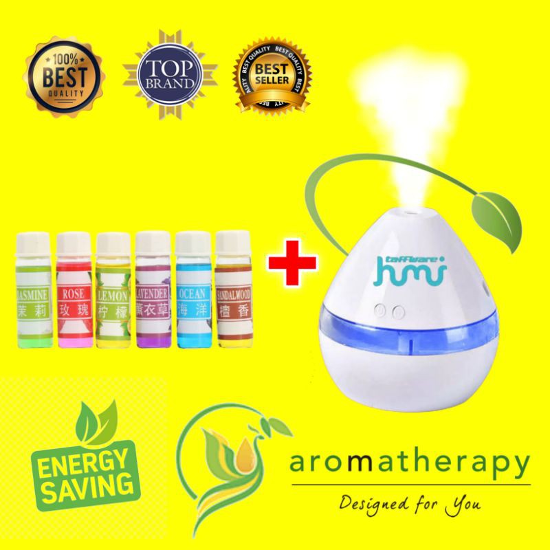 Air Humidifier Diffuser Aromatherapy Aromaterapi Disfuser Taffware Pelembab Pewangi Ruangan 130ml-Putih New + 6 Oil