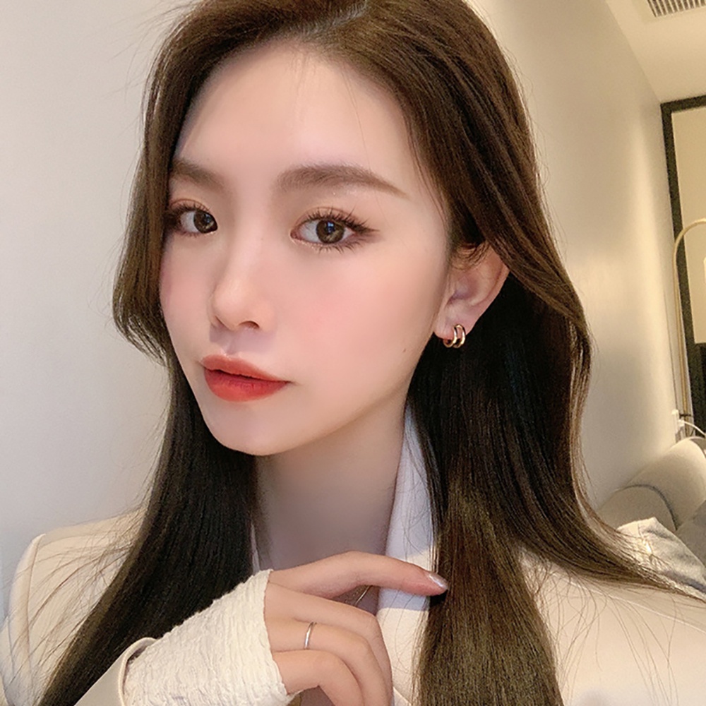 Needway  Trendy C Shaped Earrings Elegant Stud Earrings Hoop Earrings Tiny Korean Double Circle Alloy Retro Girl Fashion Jewelry/Multicolor