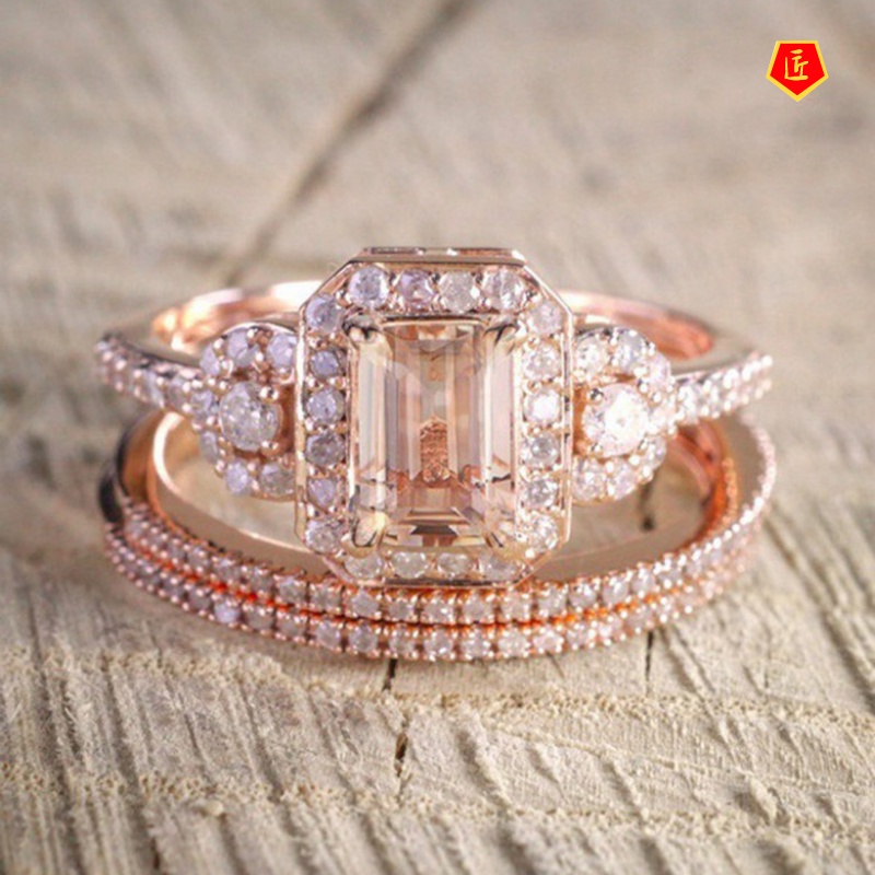 [Ready Stock]18K Rose Gold Ring Set Micro-Inlaid Gem Creative Elegant Graceful