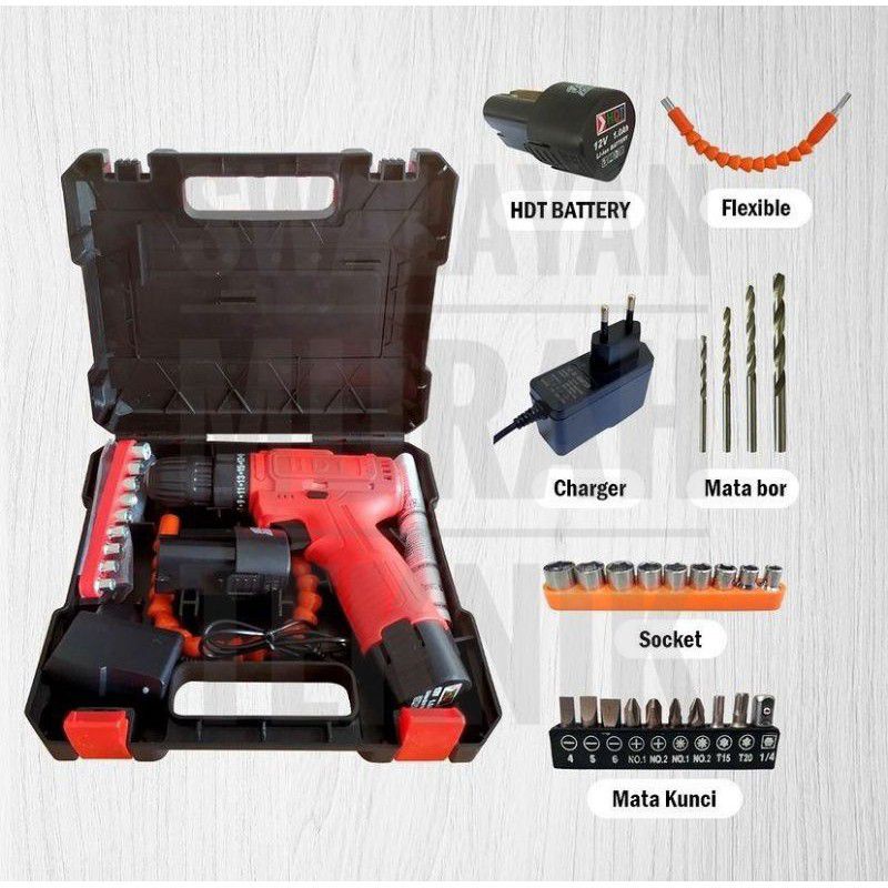 Bor baterai cordless 12v HDT CDD405 full set 1&2 baterai mata bor lengkap CDD 405 charge 12volt
